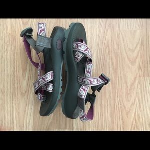 Purplish patterned Chaco sandals